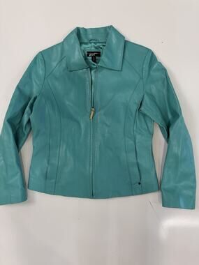 Women's Black Rivet M Lether Jacket, Aqua Blue